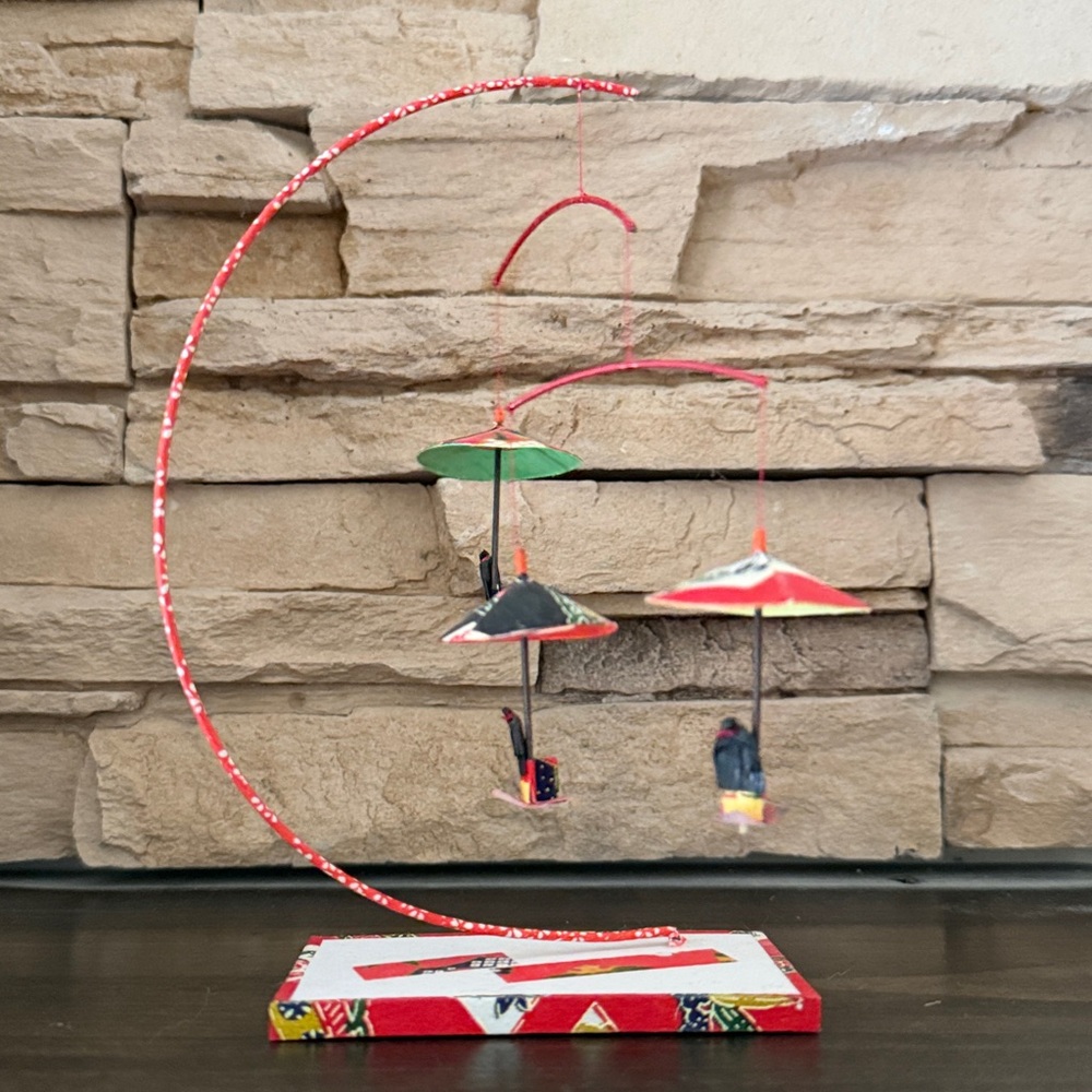 Vintage Japanese Paper Umbrella Mobile Sculpture MCM Folk Art Tabletop Decor
